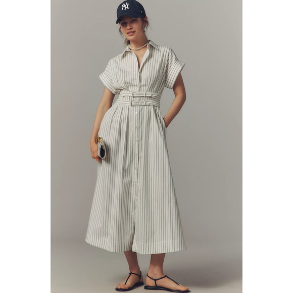 NEW Anthropologie Exquise The Tobie Double Buckle Shirt Dress Medium Striped - Picture 1 of 8